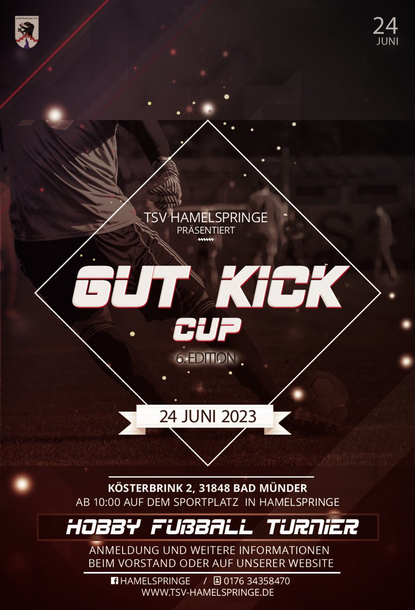 Der Gut Kick Cup geht in die 6. Runde!

Die wichtigsten Info findet ihr auf unserer Homepage.

Anmeldungen gerne über die Social Media Konten oder per Email: vorstand1@tsv-hamelspringe.de

#gutkick #Fussball #verein #turnier #cup #tsvh #hamelspringe #badmuender #hamelnpyrmont