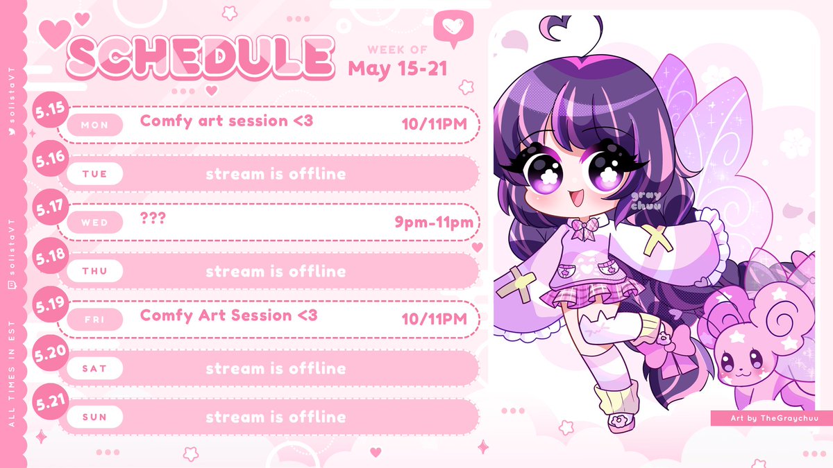 solistaVT's tweet image. « ⋅ʚ♡ stream schedule ♡ɞ⋅ »

♡ May 08-14 ♡

ミ✿ Idk what to do for Wednesday so let's just see how I feel that day. I got finals next week too so ;w;

➽──❥ flutter by: twitch.tv/solistavt