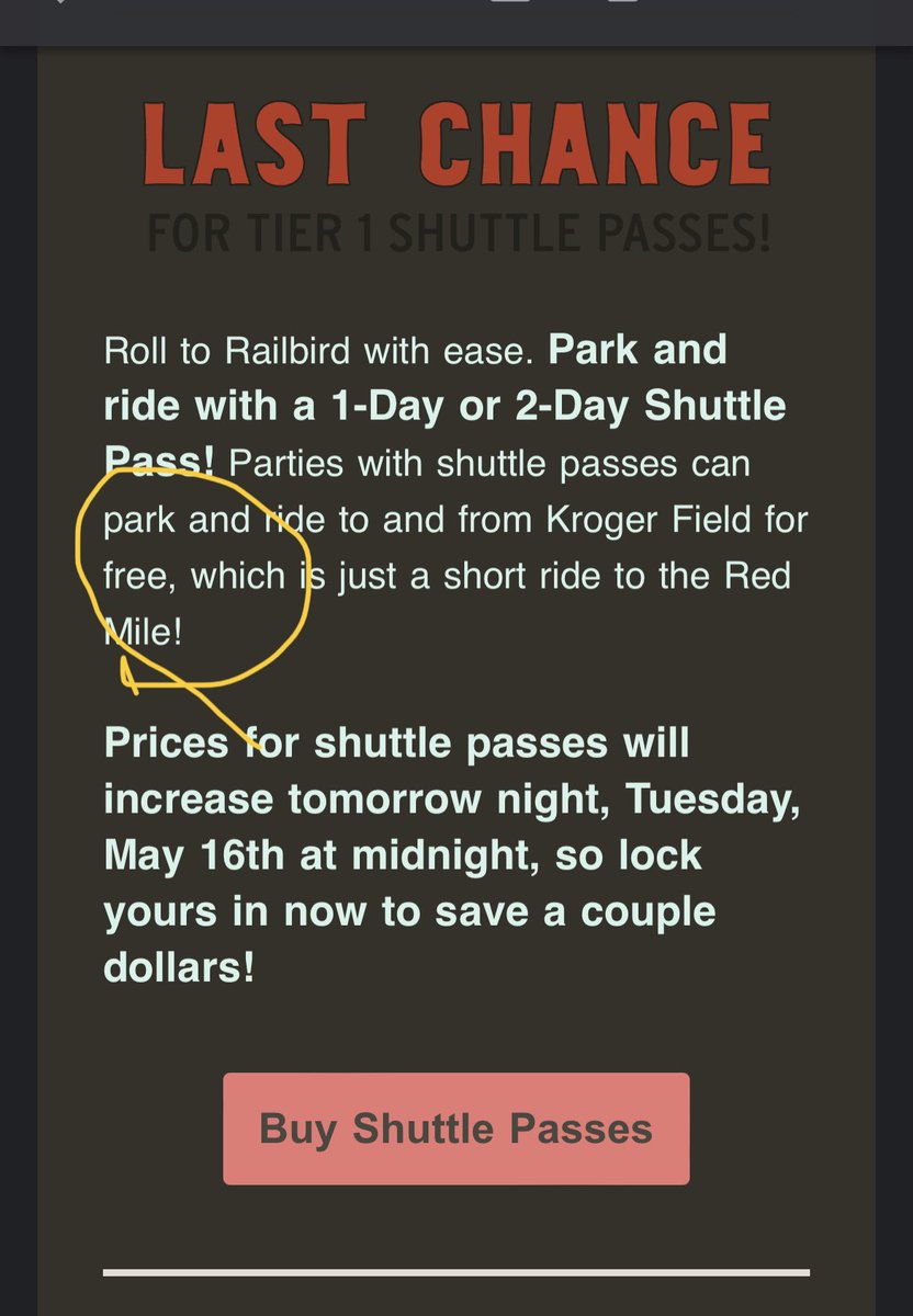 If you follow the link you can ride the ⁦<a href="/RailbirdFest/">Railbird Festival</a>⁩ shuttle FREE! After you pay $20 or $30 for the shuttle passes! 🤔 Bet they also have free beer after you give them 
$12! #sharethelex #epicfail
