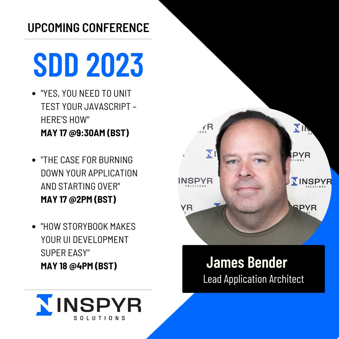 ProTaskInc's tweet image. James Bender, @INSPYRSolution's Lead Application Architect, is in #London for this week's Software Design & Development 2023 conference! Don't miss your final chance to register for this exciting event: sddconf.com #INSPYRpro #SDD2023