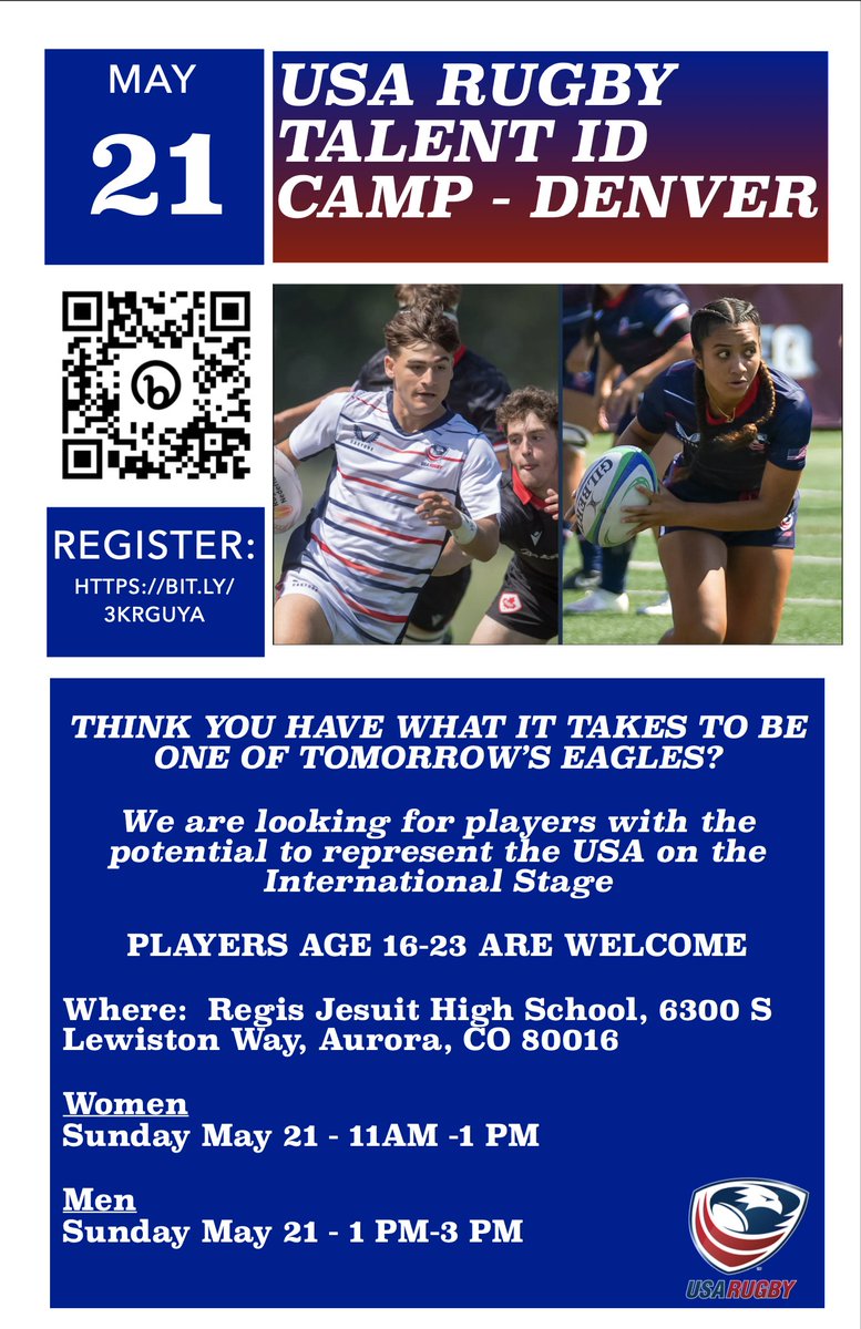 Next Stop on the USA Rugby Talent ID trail is Denver, Colorado this Sunday! Register via the QR code here. Information about all USA Talent ID Days can be found here: usa.rugby/news/usa-rugby…