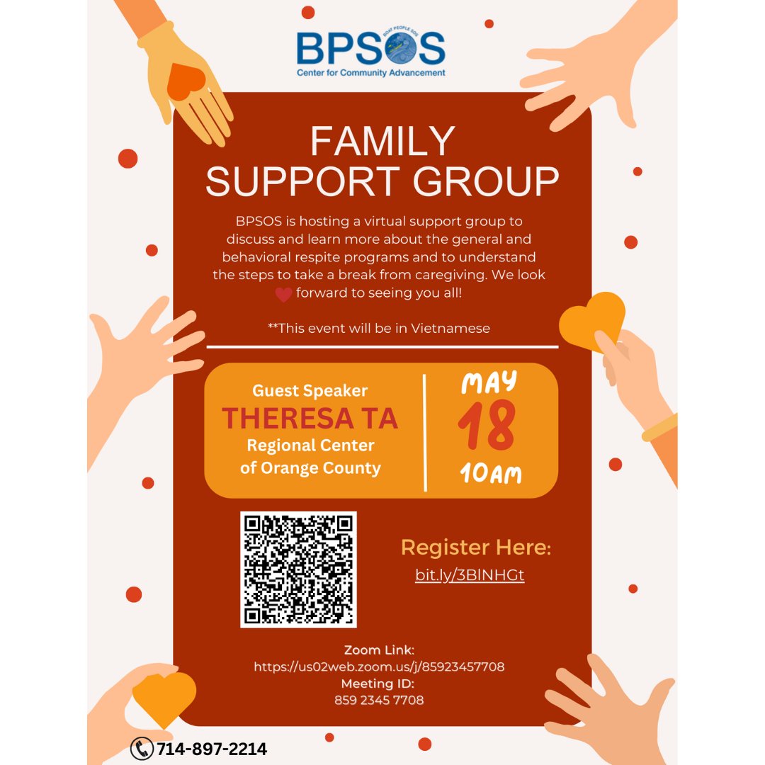 Come Join our free Virtual Support group! May 18 2023. This event will be in Vietnamese. Please spread the news to your family/friends! #bpsos #nonprofit #freesupport #supportgroup #freeevent #community #communityengagement #familysupportgroup #vietnamesecommunity #vietnamese