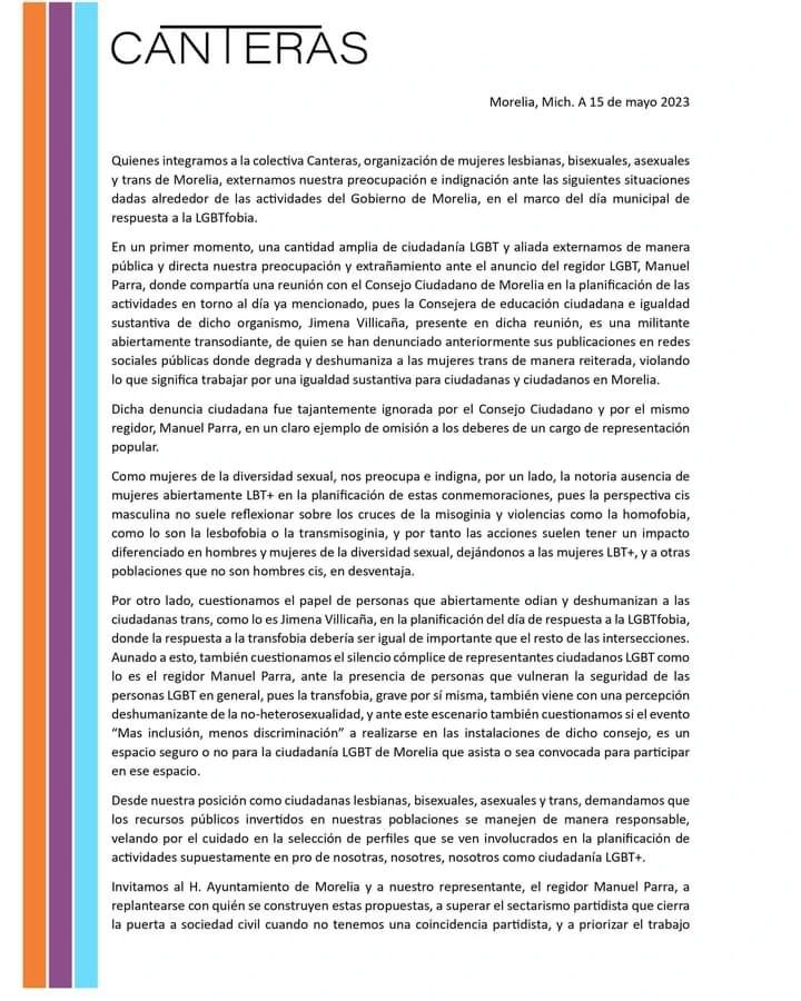 CanterasLBT's tweet photo. Denunciamos la presencia de personas transodiantes en la planificación del día municipal de respuesta a la LGBTfobia de Morelia. 

@ConsejoCiudadM @MoreliaGob https://t.co/Rkv90ddJxf