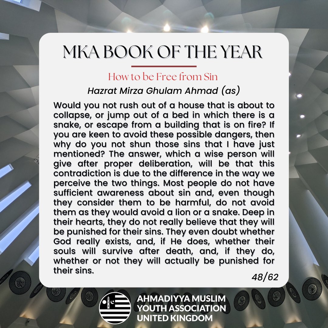 UKMuslimYouth's tweet image. Book of the Year - How to be Free from Sin‼️

“Most people do not have sufficient awareness about sin and, even though they consider them to be harmful, do not avoid them as they would avoid a lion or a snake.”

📕 Link: alislam.org/library/books/…