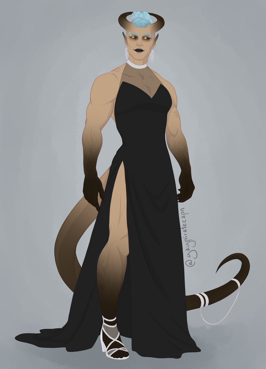 my girl, argent, in her masquerade ballgown look! (both with and without the mask) gotta love a muscle girl in a sleek black dress. 

#dnd #dndcharacter #oc #tiefling