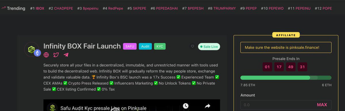 InfinityBox_'s tweet image. 🔥Infinity Box is now trending #1 on Pinksale

📌InfinityBox 🔹ETH presale :
pinksale.finance/launchpad/0x09…

✅ KYC ✅ AUDIT ✅ SAFU

📈We will continue to provide regular updates on our progress and milestones, and we welcome your feedback and suggestions.