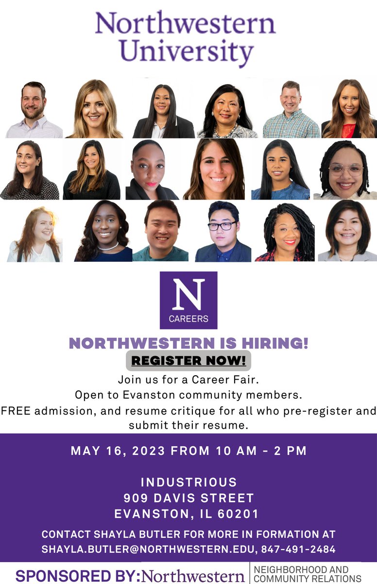 Join us for a Career Fair - Open to Evanston community members with FREE admission, and resume critique for all who pre-register and submit their resume.

Time: MAY 16, 2023 10:00 am - 2:00 pm
Address: INDUSTRIOUS 909 DAVIS STREET, EVANSTON, IL 60201