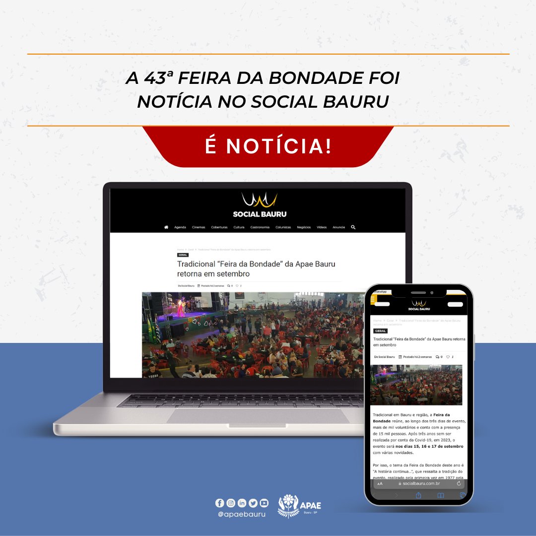 apaebauru's tweet image. A 43ª Feira da Bondade foi notícia no Social Bauru!!

👉 Leia e compartilhe: mla.bs/831a9316

Se prepare!
📆 15,16 e 17 de setembro de 2023
📍 Unidade I da APAE Bauru!

#APAEBauru #FeiradaBondade #43FeiradaBondade
#APAEBauruNãoPara