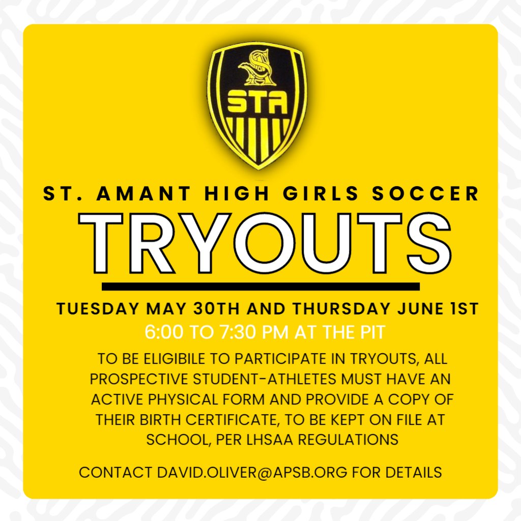 RESCHEDULED GIRLS SOCCER TRYOUT DATES AND TIMES.   PLEASE REMEMBER THAT PROSPECTIVE ATHLETES MUST HAVE AND ACTIVE PHYSICAL AND BIRTH CERTIFICATE TO TRY OUT.
