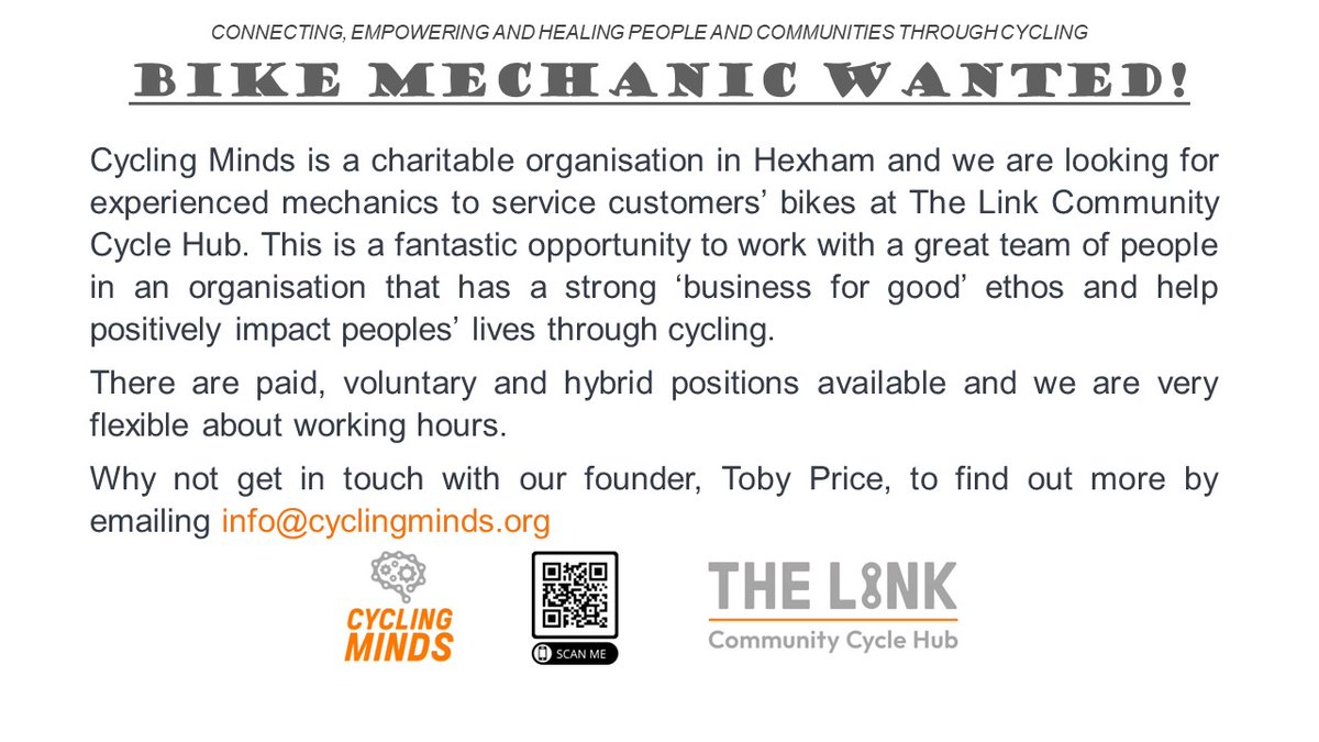 We're looking for an experienced bike mechanic to join our team. You interested or know anyone who might be? If so, get in touch.

#cyclingminds #bikemechanic #hexham #cyclinguk #britishcycling #sustrans