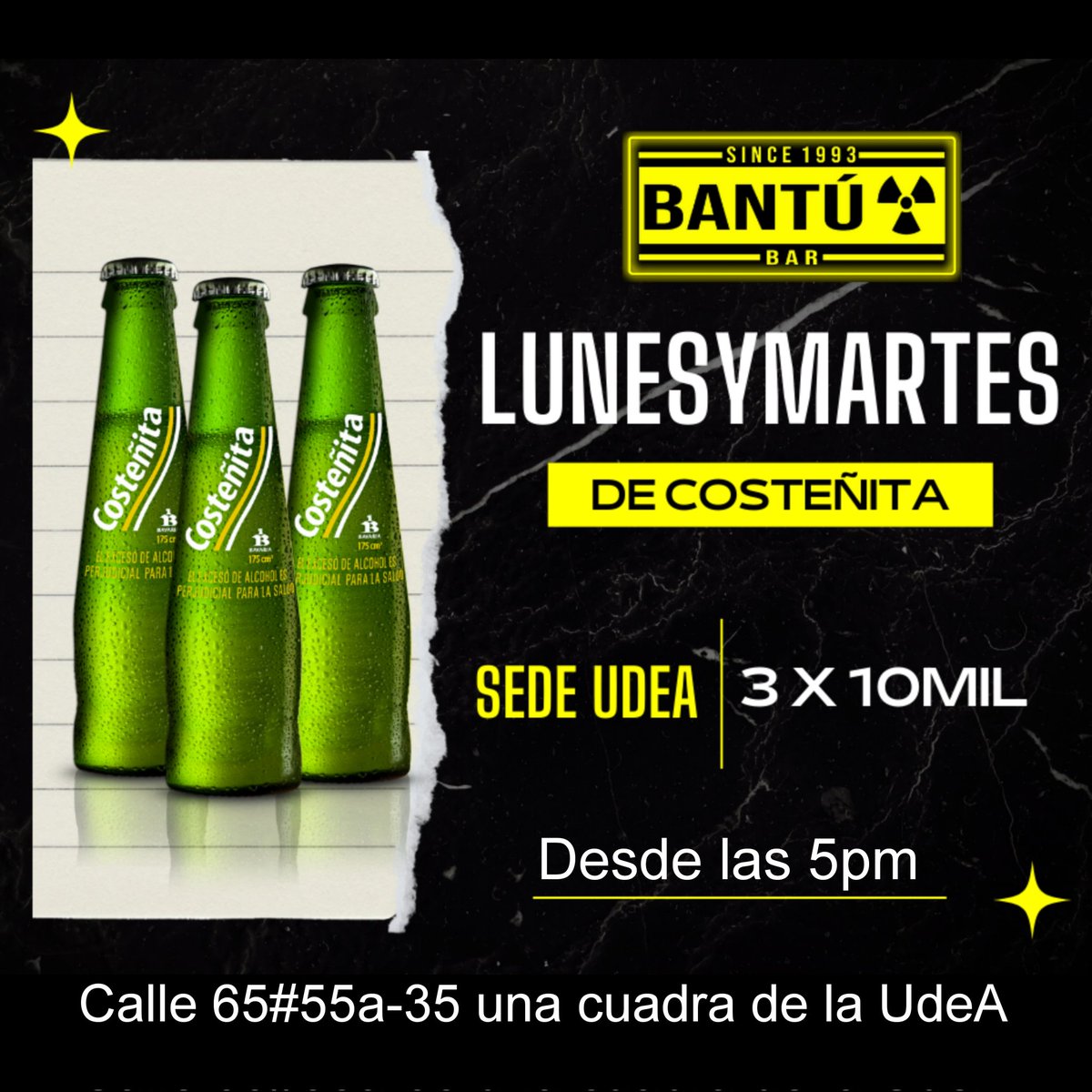 bantu_bar's tweet photo. Regresa la #costeñita, ahora los lunes y martes podrás tomar 3 x 10mil. Sede UdeA

#YoTambienVoyABantuBar #rockandroll #pola #cerveza  #baresmedellin #rockmedellin #BantuBar https://t.co/eIHSoMFSHV