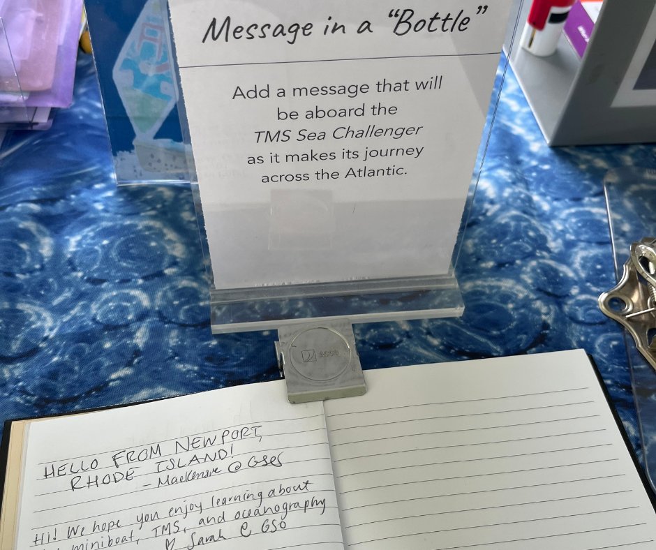 URIGSO's tweet image. ⛵️🌊 We are so excited to bring the TMS Sea Challenger, built by Thompson Middle School students, to @theoceanrace stopover in Newport this week! Stop by the Exploration Zone to check out the #miniboat, make predictions on where it will travel &amp;amp; sign the notebook! @miniboats