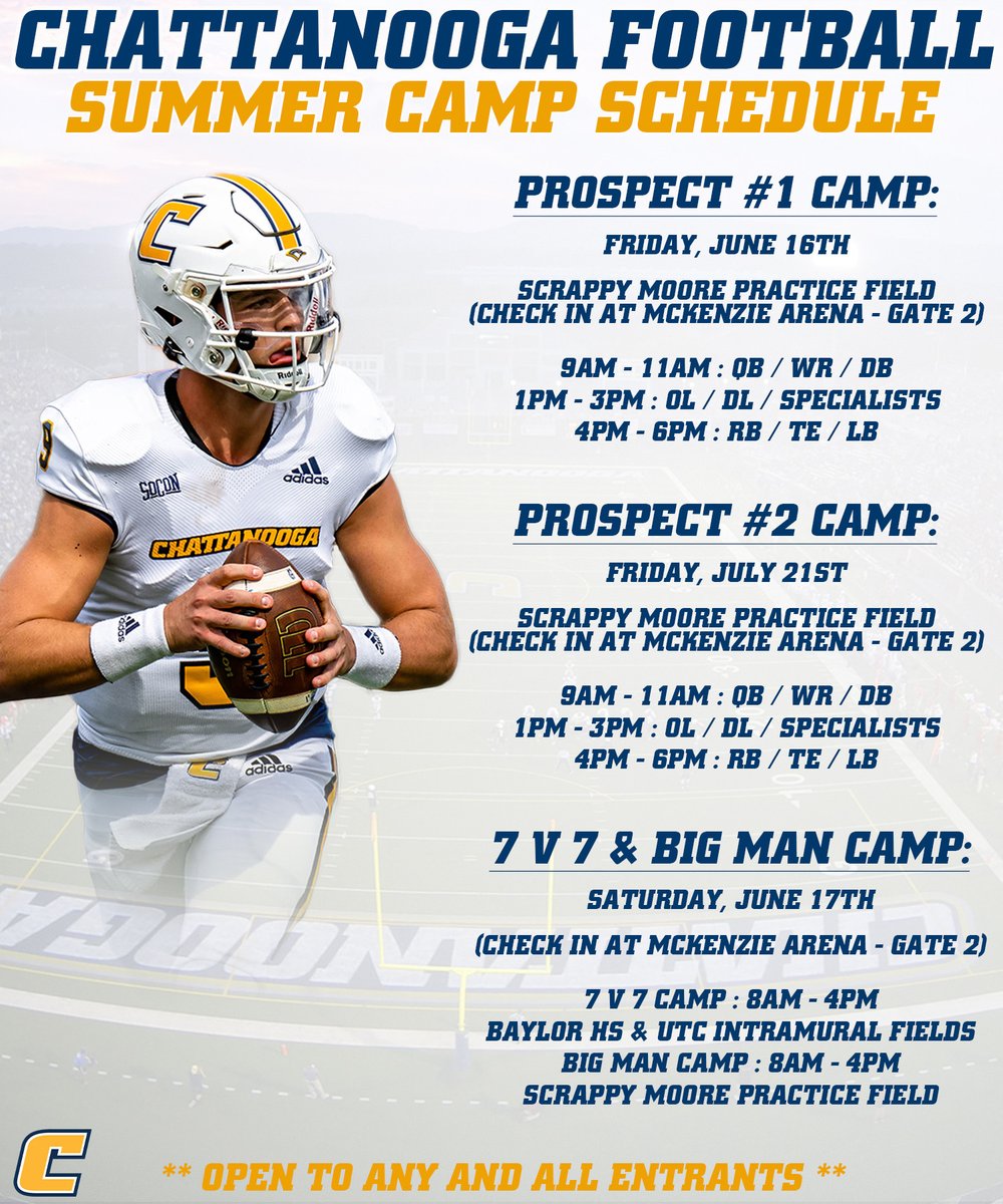 It is almost camp season in Chattanooga! The camps are filling up fast with guys that are ready to compete. Come work with our staff on campus this summer! You can sign up at: …attanoogafootballcamps.totalcamps.com/shop/EVENT #gomocs
