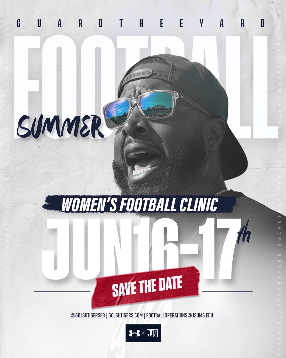 gojsutigersfb's tweet photo. TIGER NATION!!!

Let’s Guard THEE Yard this summer &amp; join us for our football clinic 

SAVE THE DATE: 
6/16 Mix &amp; Mingle 
6/17 Women’s Clinic 

For more info email football operations footballoperations@jsums.edu

#GuardTHEEYard #gojsutigers https://t.co/Oy2dQrIqvB