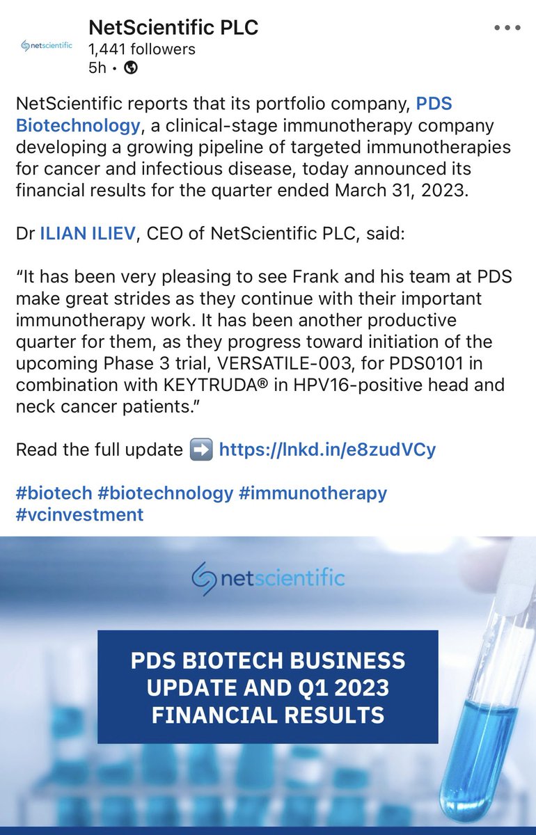 Benchpressers's tweet photo. Huge statement by Ilian & Net Scientific! @PDSBiotech #pdsb. Big things in the works!! #versamune https://t.co/SGdpPa2d4n