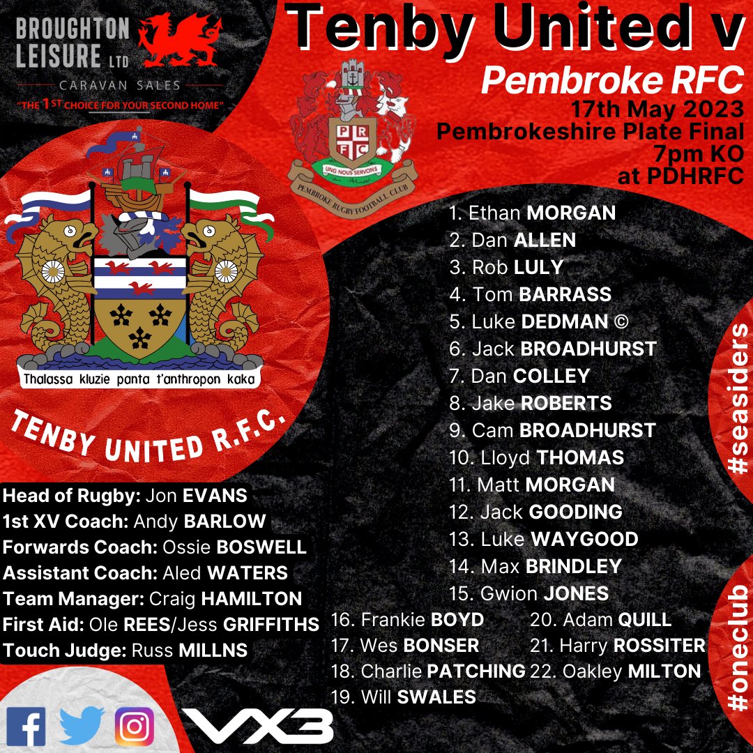 TenbyUTDRFC's tweet photo. 🔊 Here is the 1st XV squad that face Pembroke in the Pembrokeshire Plate final this coming Wednesday! Good luck boys.

🆚 @PembrokeRFC 
🏆 Pembrokeshire Plate Final
📅 17th May 2023
🏟️ @PembrokeDHRFC 
⏰ 7pm

#seasiders #oneclub

🔴⚫🔴⚫🔴⚫🔴⚫🔴⚫🔴⚫ https://t.co/0aen1N2grm