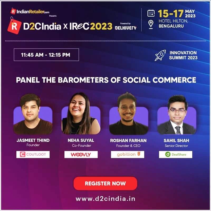 Excited to speak at D2C India Summit 2023, Bangalore today on social commerce!

@Entrepreneur
@EntrepreneurIND 
@Indian_Retailer
@gobillionapp
@ycombinator

#socialcommerce #ecommerce #d2c #d2cindia #d2cbrands #entrepreneurindia #gobillion