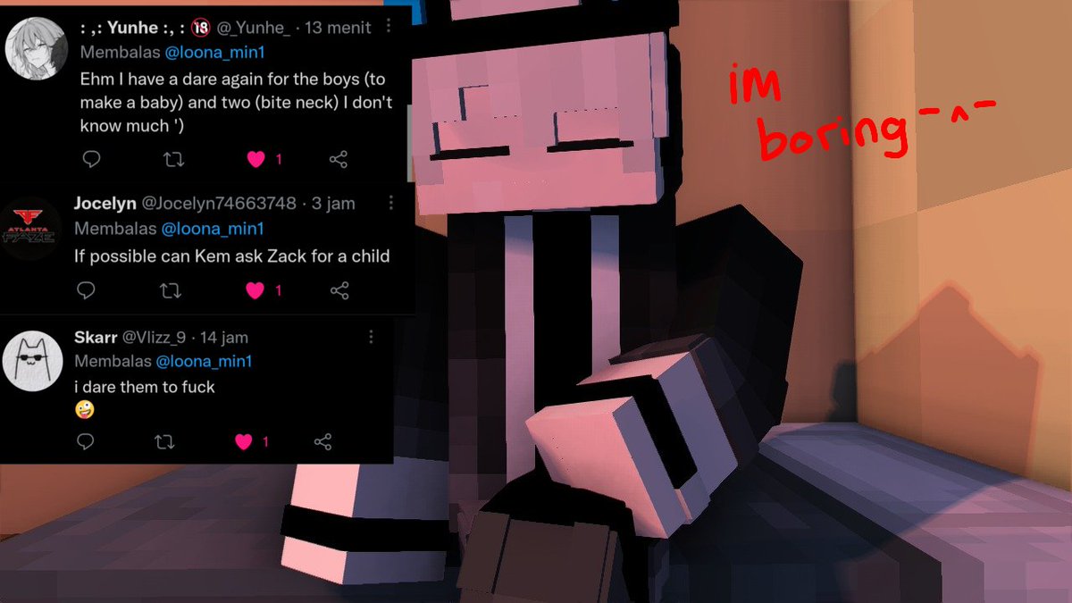 loona_min1's tweet photo. Doing Dare from you part 4 

Kem was DRUNK!!!

Kem x Zack
If this post get
❤ = 150
🔃 = 15

I will make it as video

Want me to make it again? Say in the comment what your dare for them!!

#Minecraft #mineimator #nsfwtwt #nsfw_twt #nsfwaccount #BoysLove https://t.co/n1gyYHLzyY