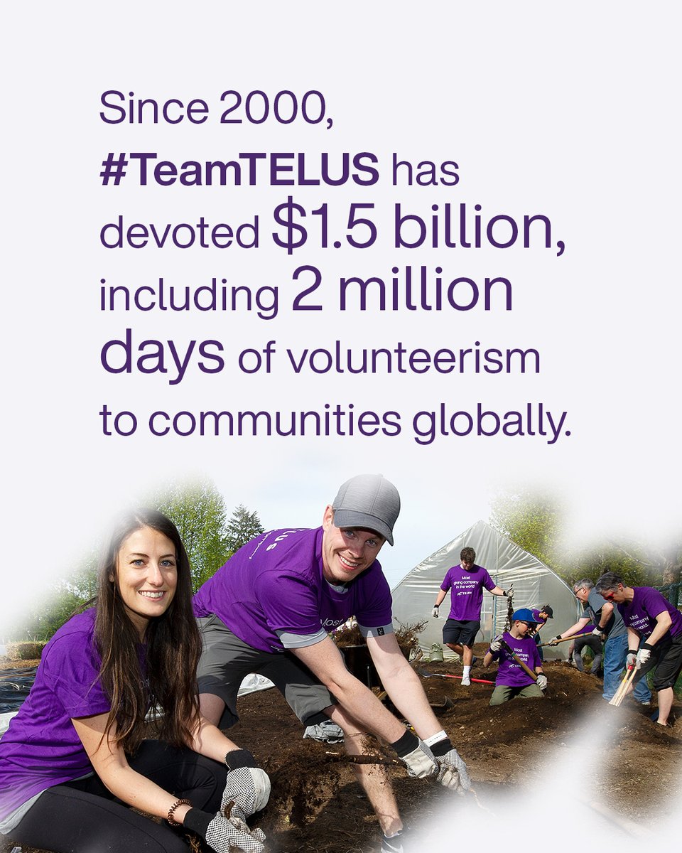 TELUS's tweet photo. Our mission is to inspire everyone to #GiveWhereWeLive. Since 2000, we've engaged 500k volunteers through #TELUSDaysofGiving. In 2022, 65k volunteers across 20 countries gave back through 500+ volunteer events, and #TeamTELUS volunteered 1.4 million hours! Together, let's make the future friendly and help build stronger communities by giving back.