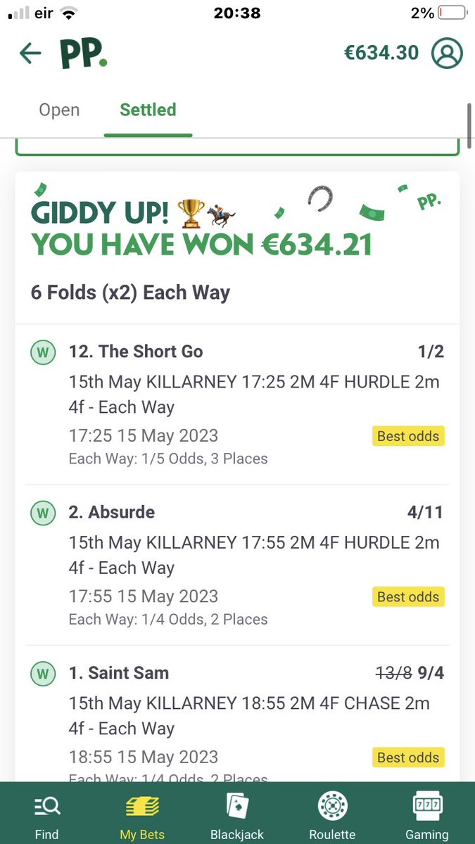 MrRootlessGroup's tweet image. THANKS TO WILLIE MULLINS 🤣 FREE €5 6 FOLD WON ME €643 NOT BAD FOR A FREE BET 

THIS MAN IS A GENIUS @WillieMullinsNH 
#Killarneyraces 
#Irishhorseracing