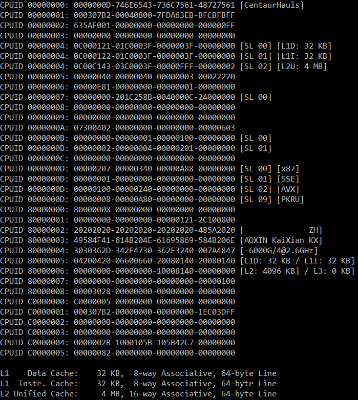 InstLatX64's tweet photo. #Zhaoxin #KaiXian KX-6000G/4 (#LuJiaZui) 307B2 CPUID dump added (HTT, #AVX2, #FMA unsupported; #RDSEED, #RDRAND, #SHA, #BMI, #BMI2, #ADX, #UMIP, #SMAP, #PKU, #RDPID supported):
https://t.co/yG5BuJyze7 https://t.co/OM5sMPBrco