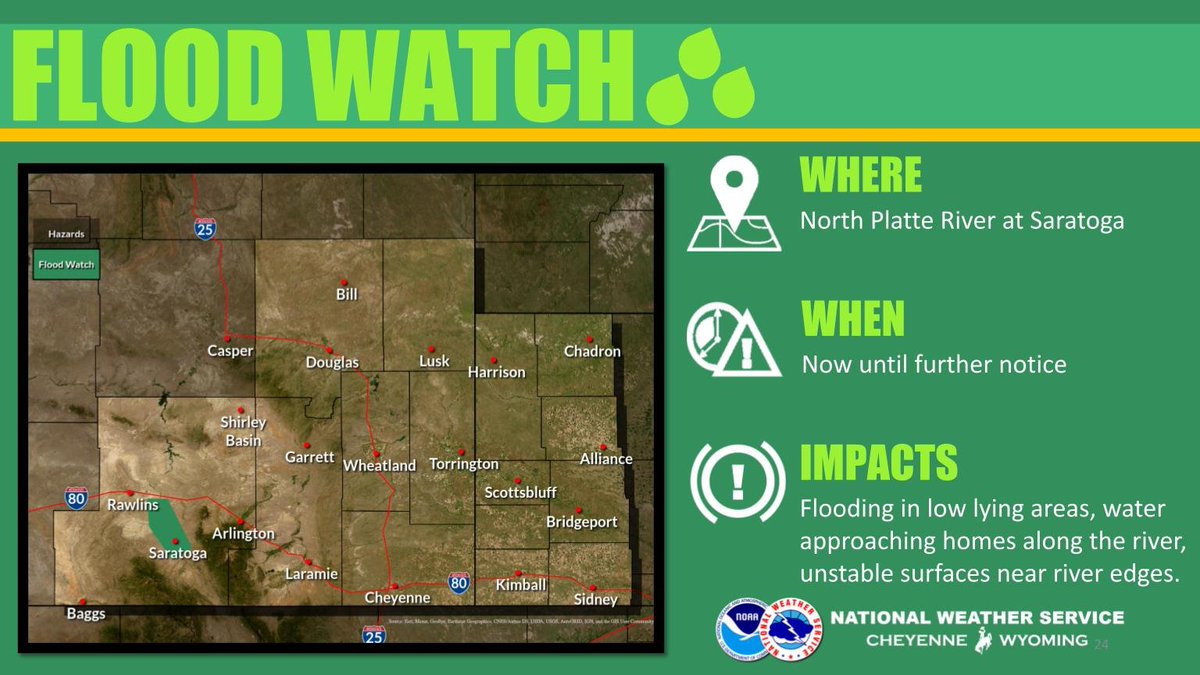NWSCheyenne's tweet photo. May 15, 1:40pm- A River Flood Watch is in effect for the North Platte River at Saratoga until further notice. Do not drive into flooded areas… Turn around, don’t drown! #wywx https://t.co/xKAO7bqxfr