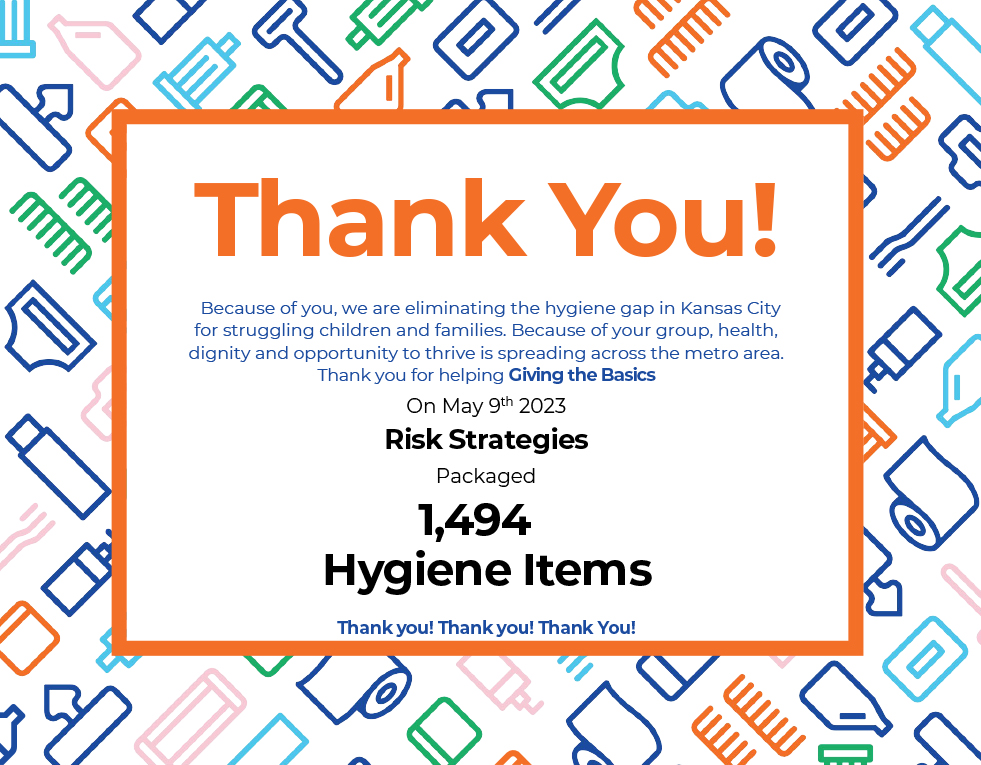 AtlassInsurance's tweet photo. Our Kansas City office recently volunteered with @GivingtheBasics – a non-profit organization whose mission is to restore hope and dignity through procuring and providing basic hygiene items. 
#givingback #riskstrategiesfamily #servefirst https://t.co/xFNOPbUDVv