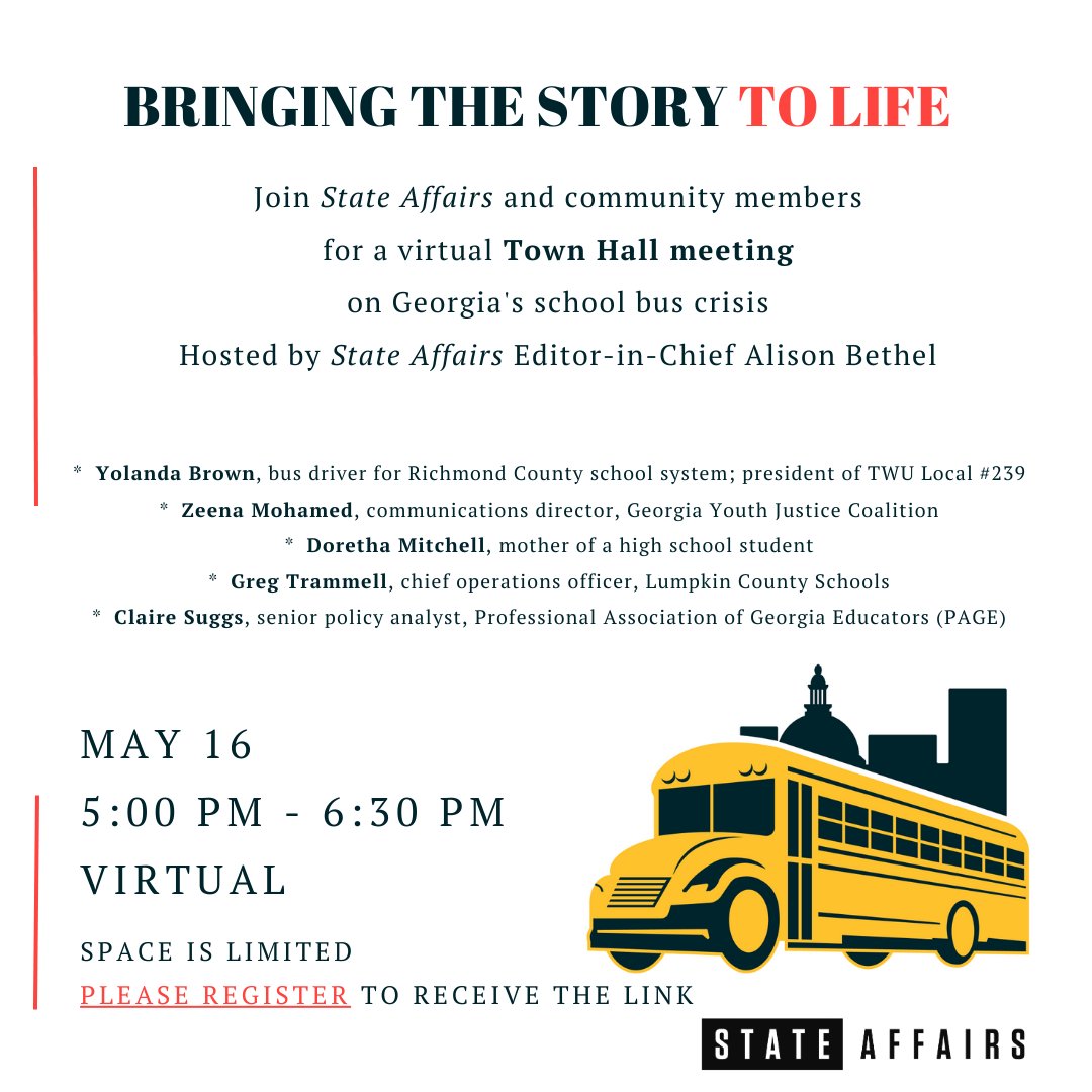 StateAffairsGA's tweet image. Reminder: Our town hall on the school bus crisis is happening Tuesday at 5 pm.
Register today! 👉 bit.ly/3O5Vbow 
#gapol #school #gaed #education