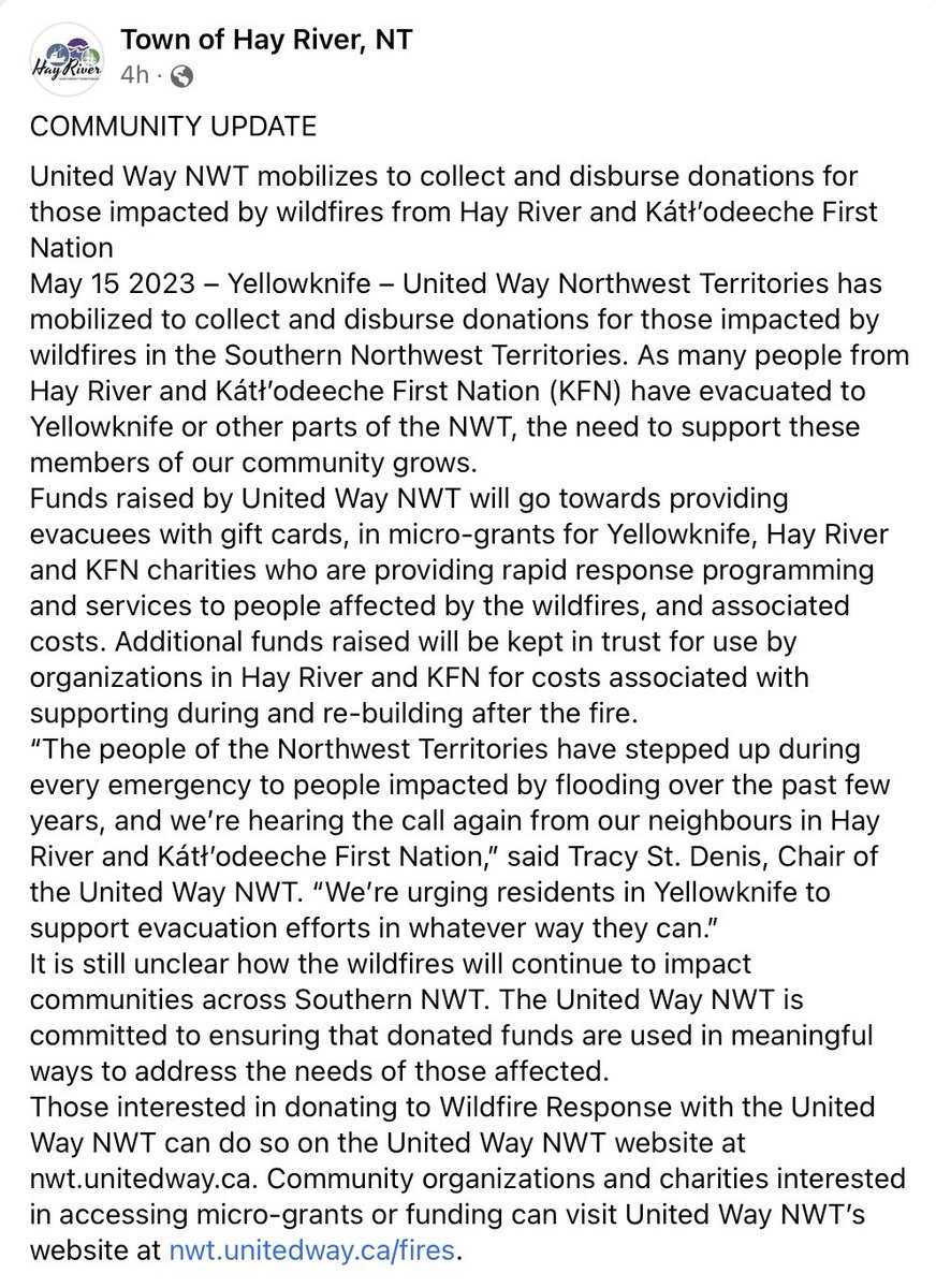 BCWildfireWkly's tweet photo. How To Support Wildfire Evacuees In Hay River &amp; Kátł’odeeche First Nation via Town of Hay River, NT Facebook page:
https://t.co/0vzG5PRSKL

Link to donate: https://t.co/Mgn04UEJvW

#Canada #DisasterRecovery #DisasterRelief #HayRiver #Katlodeeche #NWT #NWTFire https://t.co/UOw75hqCFK