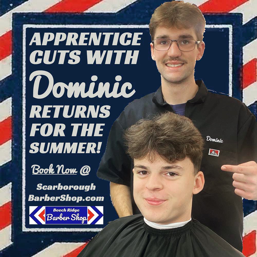 Dom is back in the shop on Thursday! Plenty of availability @ ScarboroughBarberShop.com #apprentice #apprenticeship #barberapprentice #apprenticebarber #barberschool #barbercollege #barbershop #barbers #barber #portlandmaine #beechridge #scarborough #scarboroughmaine #maine