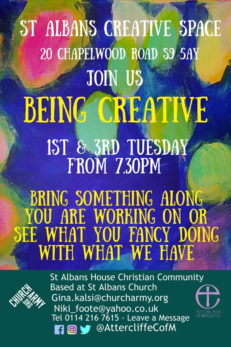 AttercliffeCofM's tweet photo. Tuesday 16th from 7.30pm 
Looking forward to seeing you to join others being creative. Weather its painting sowing drawing  knitting or your choice. Come along. 
New to being creative. Come anyway. #creative https://t.co/ae9SW6wMfX