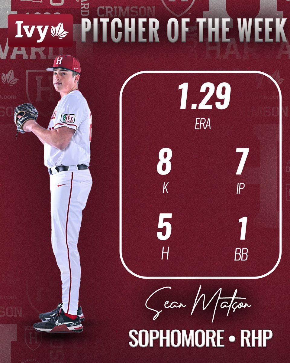HarvardBaseball's tweet photo. 👏 Congrats to our Ivy League weekly award winners!

⚾️ Logan Bravo
➡️ Player of the Week

⚾️ Sean Matson
➡️ Pitcher of the Week

📰 https://t.co/lpEJXEtGWl

#GoCrimson #OneCrimson https://t.co/ipenQ4D2AA