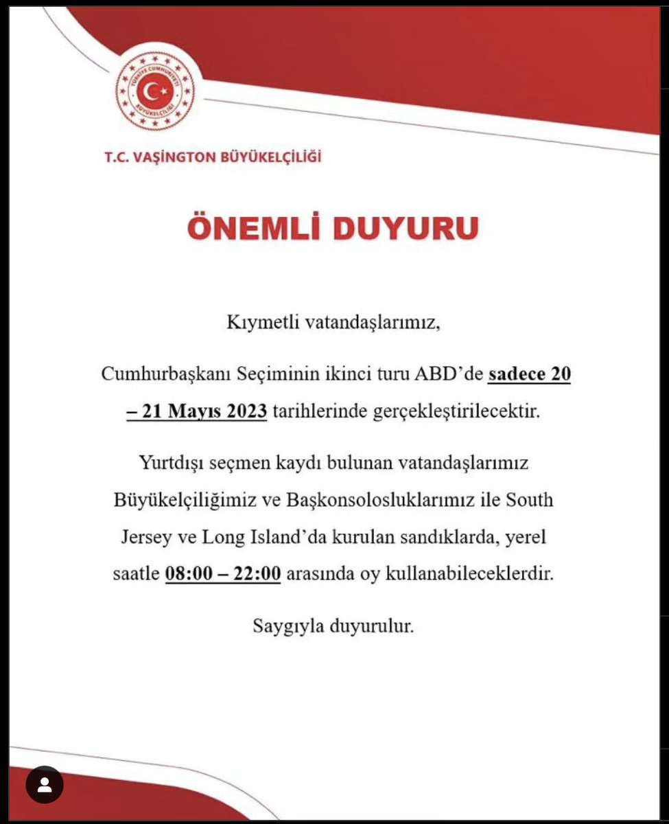 Koskoca Amerika icin sadece 2 gun sandık açıyorlar. YSK'ya gore yurt disi sandıkların 20-24 mayıs kurulmasi gerek. Almanya'da 5 gun acmayi biliyorlar ama!!
@TurkishEmbassy
<a href="/ekrem_imamoglu/">Ekrem İmamoğlu</a>
<a href="/mansuryavas06/">Mansur Yavaş</a>
<a href="/kilicdarogluk/">Kemal Kılıçdaroğlu</a>
<a href="/halktvcomtr/">Halk TV</a>
<a href="/SozcuGazetesi/">Sözcü</a>
<a href="/ntv/">NTV</a>
<a href="/bbcturkce/">BBC News Türkçe</a>
#Secim2023 #YSK