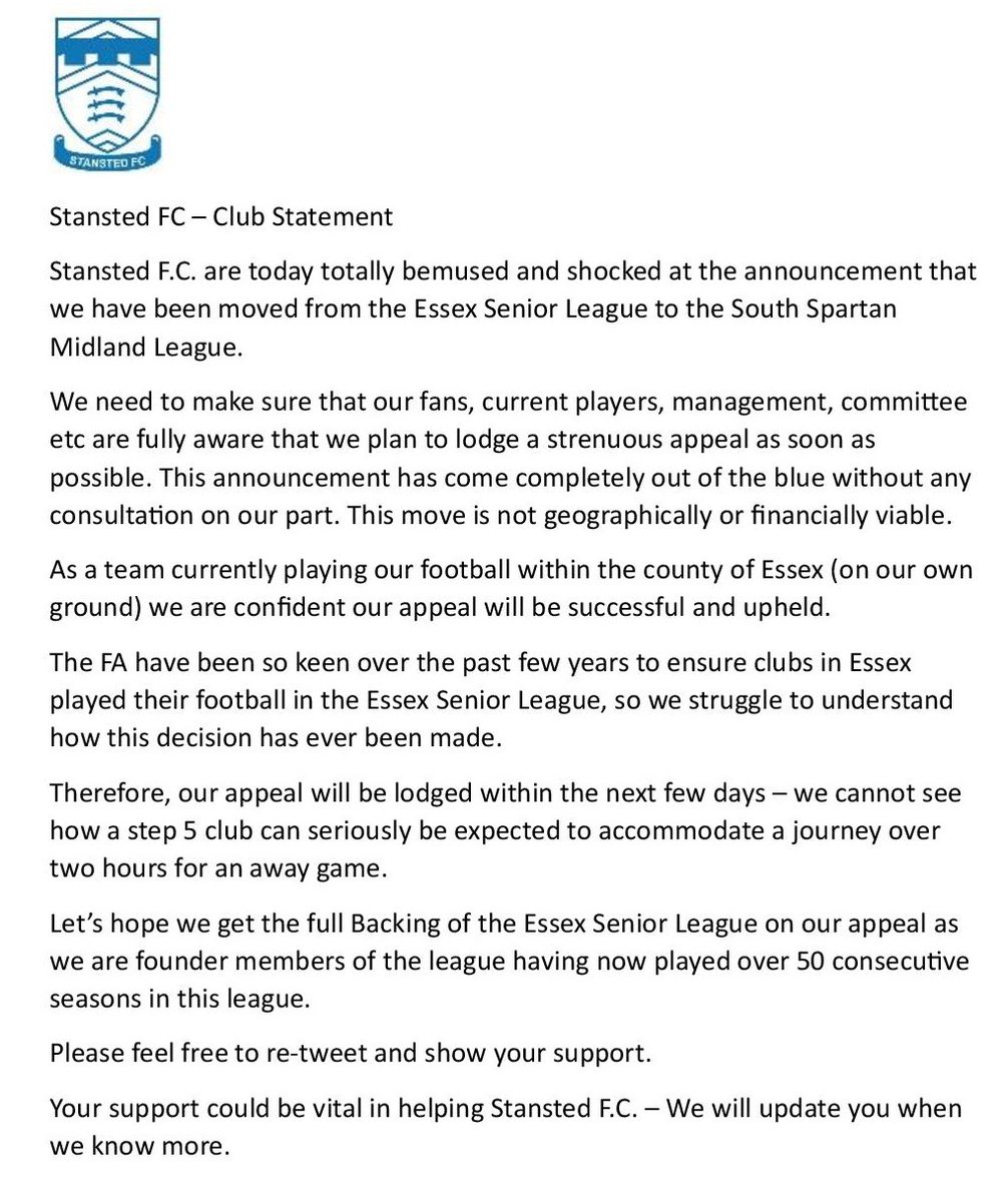 Please see our @FCStansted Club Statement re next seasons shock news regarding our placement in the SSML. Please re-tweet and show your support. We will now appeal against what we feel is an absolutely ridiculous decision @EssexSenior @essexfootie @NonLeagueCrowd @NonLeaguePaper