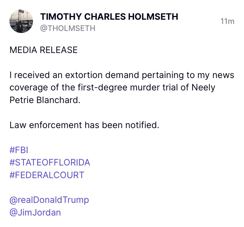 💥🚨 Extortion Demand 🚨💥

The Silencing Tactics Continue….
#TimothyCharlesHolmseth
#LetJessieSpeak 

#FBI #StateOfFlorida #FederalCourt
#NeelyBlanchard