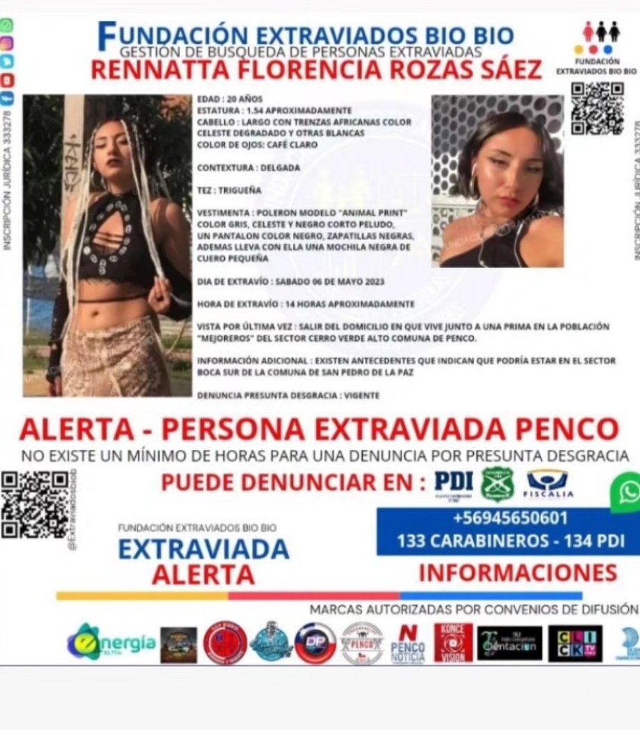 filexmaster's tweet photo. Mi amiga está extraviada 9 días. 
🔴ALERTA DE BÚSQUEDA COMUNA DE PENCO🔴
Se busca a Rennatta F. Rozas Sáez de 20 años, extraviada desde el sábado 06 de mayo tras salir del domicilio  Población "Mejoreros" sector Cerro Verde Alto comuna de #Penco  #biobio 
#F_EXTRAVIADOSBIOBIO https://t.co/SWTZfIdpuK