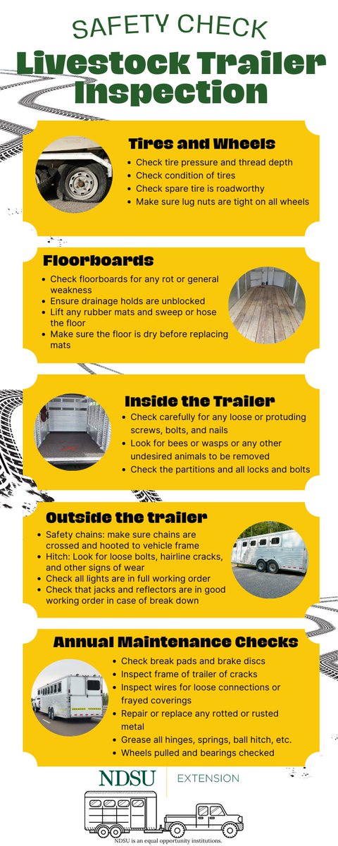 ndsuextdickey's tweet photo. The show season will be beginning soon. 

Ensure you check that your livestock trailer is ready for the road. Check out these reminders on inspecting your trailer before you hit the road.
Stay safe and have a wonderful show season!
#safety #livestocktrailer https://t.co/imQYUEvhIO