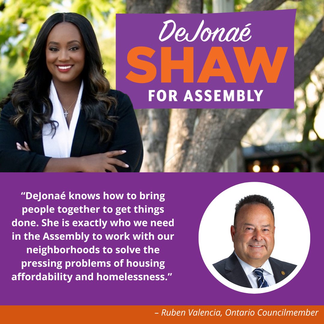 IamDeJonae's tweet photo. Honored to have the endorsement of Ontario City Councilmember, Ruben Valencia.

 #TogetherWeCan #CommittedToCommunity #ShawForAssembly  #Fontana #RanchoCucamonga  #SanBernardino  #LomaLinda #Redlands #Bloomington #Colton #WomenLead #fyp https://t.co/CkeeVgsPRU