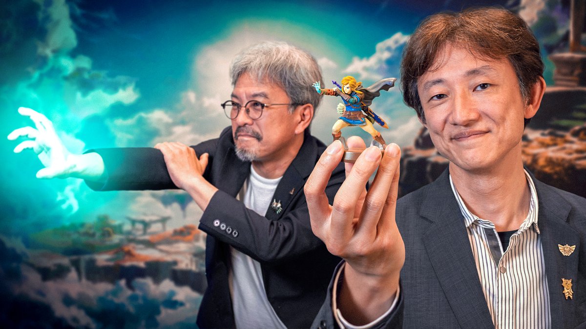 NintendoDE's tweet photo. Dieses #amiibo von Link (Tears of the Kingdom), das Serienproducer Eiji Aonuma und Spiel-Director Hidemaro Fujibayashi hier präsentieren, ist jetzt erhältlich! https://t.co/vogwKHG9JP