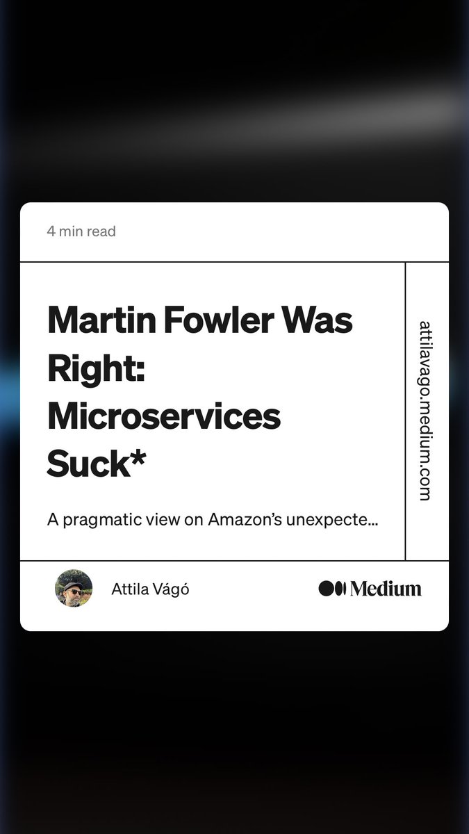 MatrixAlvaro's tweet photo. “Martin Fowler Was Right: Microservices Suck*” by Attila Vágó
https://t.co/42zl1BlPsc https://t.co/J5fWL26XXd