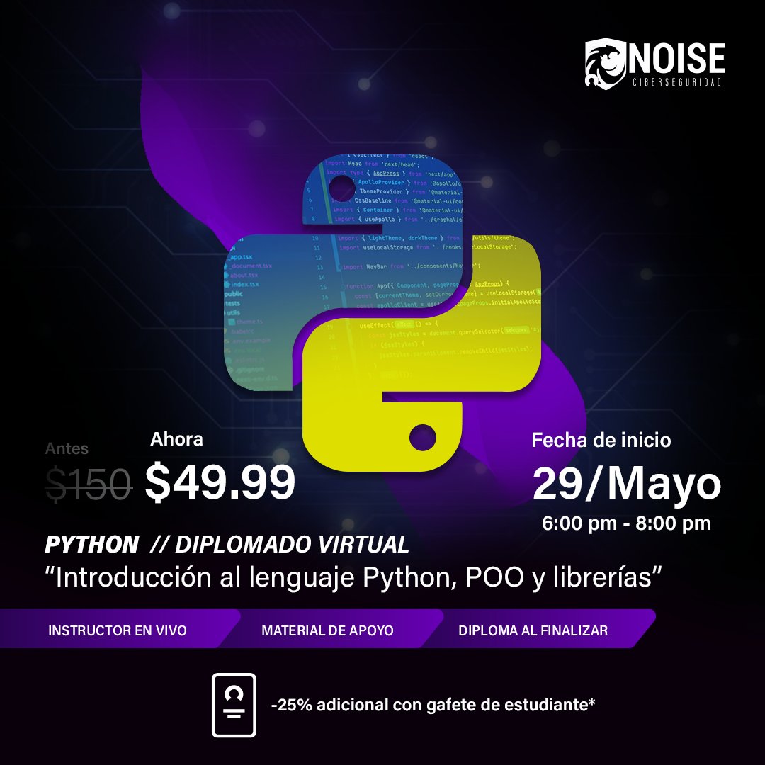noise503's tweet photo. 😱😱 ¡PROGRAMA AL SIGUIENTE NIVEL! 😱😱
🛑NOISE pone a tu disposición diplomados en línea con instructor en vivo. 🛑
🔗 Información e inscripciones: https://t.co/dvlTiKSjBW
#ciberseguridad #hacking #cybersecurity #seguridadinformatica #hacker #malware #hackers #ransomware https://t.co/ffXYZEbLb8