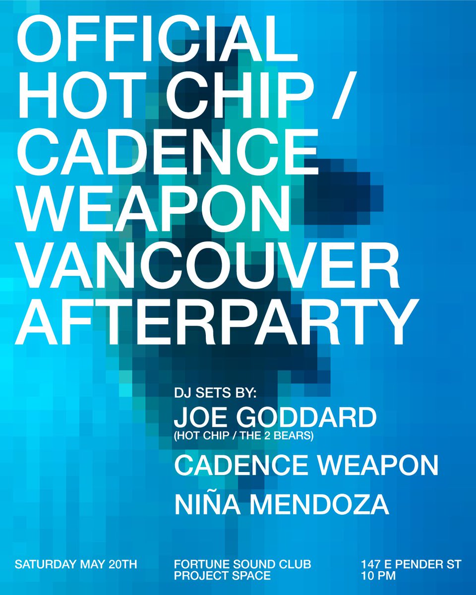 Happy to announce the afterparty for our Vancouver show! I'll be playing tunes with Joe Goddard from @Hot_Chip and @ninamendoza at @FortuneSound Project Space this Saturday May 20 🐳 Limited tickets available here - ticketweb.ca/event/official…