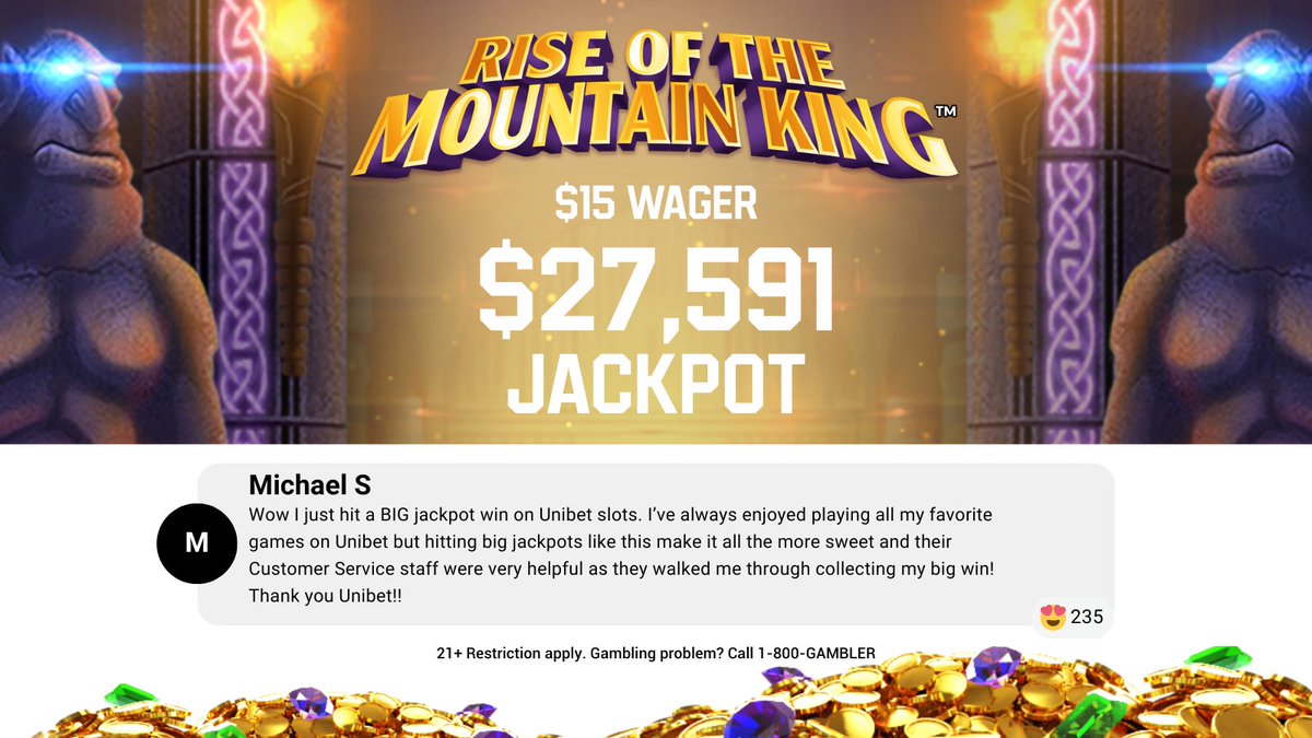 And the wins keep coming! 💰 Our player, Michael S, just hit the jackpot & won $27,591.50 on the super exciting 'Rise of The Mountain King 250K cap Buy Pass' slot. 🤑 #MercyOfGods #UnibetCasino #Jackpot #OurPlayersOurExperiences