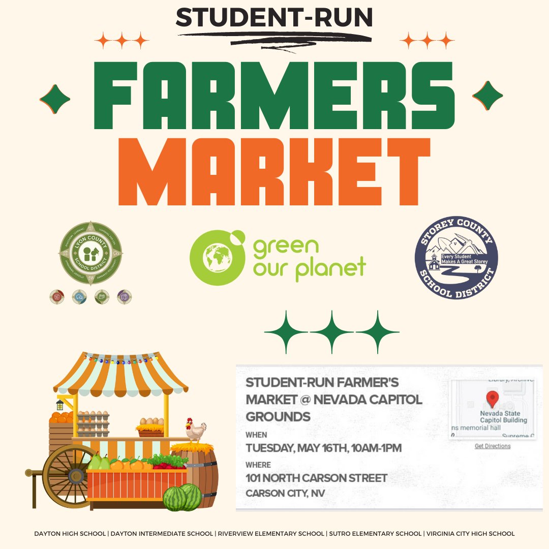 lyoncsd's tweet photo. Tues., May, 16th, 10AM - 1PM: Our incredible students from Dayton HS, Dayton IS, Riverview ES, & Sutro ES will be participating in a Student-Run Farmer's Market in Carson at the Capitol Grounds! #connectedlearners #studentownership #discoverylearning #lyoncsd #smalltownsbighearts https://t.co/g1xpavZcr7