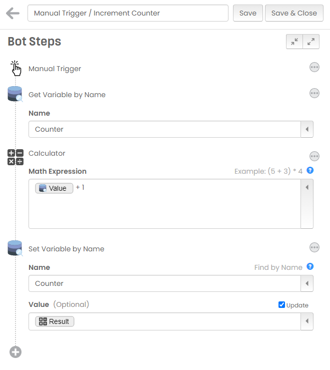 zzBotsOfficial's tweet photo. Need global variables for your bots?  You can now accomplish this with our lists.  Just create a list called "Variables" with a field called "Value".

Here's an example bot using global variables to create a counter that increments. https://t.co/Q3ueQx8NmC