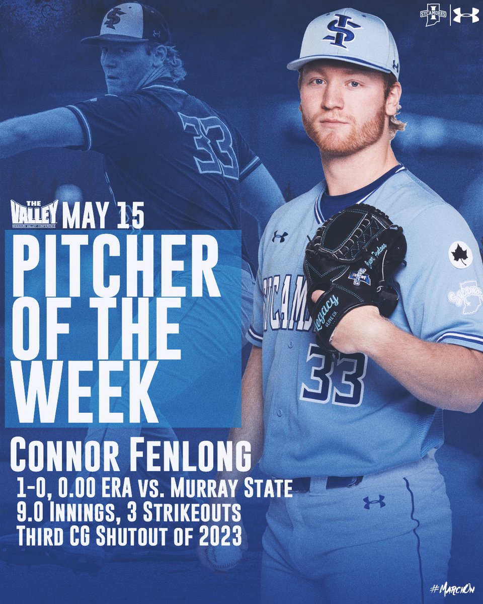 .<a href="/ConnorFenlong/">Connor Fenlong</a> claims his second #MVCBaseball weekly honor following his complete game shutout against Murray State

sycamor.es/3IeArY5

#MarchOn