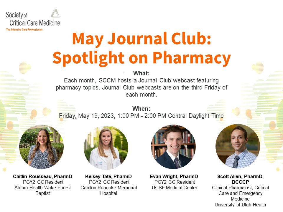 Please join us on Friday for our monthly <a href="/SCCM/">SCCM</a> Spotlight on Pharmacy CPP Journal Club at 1pm Central/2pm Eastern!

Presenters and articles are listed below. 
Register here: bit.ly/3pDTcNW #PharmICU #SCCMJC