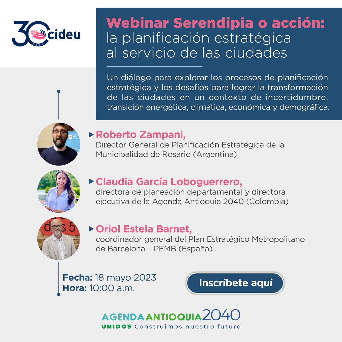 En Antioquia hemos consolidado un liderazgo en Planeación estratégica a lo largo de estos años. El próximo jueves, 18 de mayo, nuestra Directora Claudia García, estará conversando sobre por qué no es serendipia, sino ACCIÓN.

Inscríbete 🔗 bit.ly/3HDN0Mg

<a href="/CIDEU/">CIDEU</a>