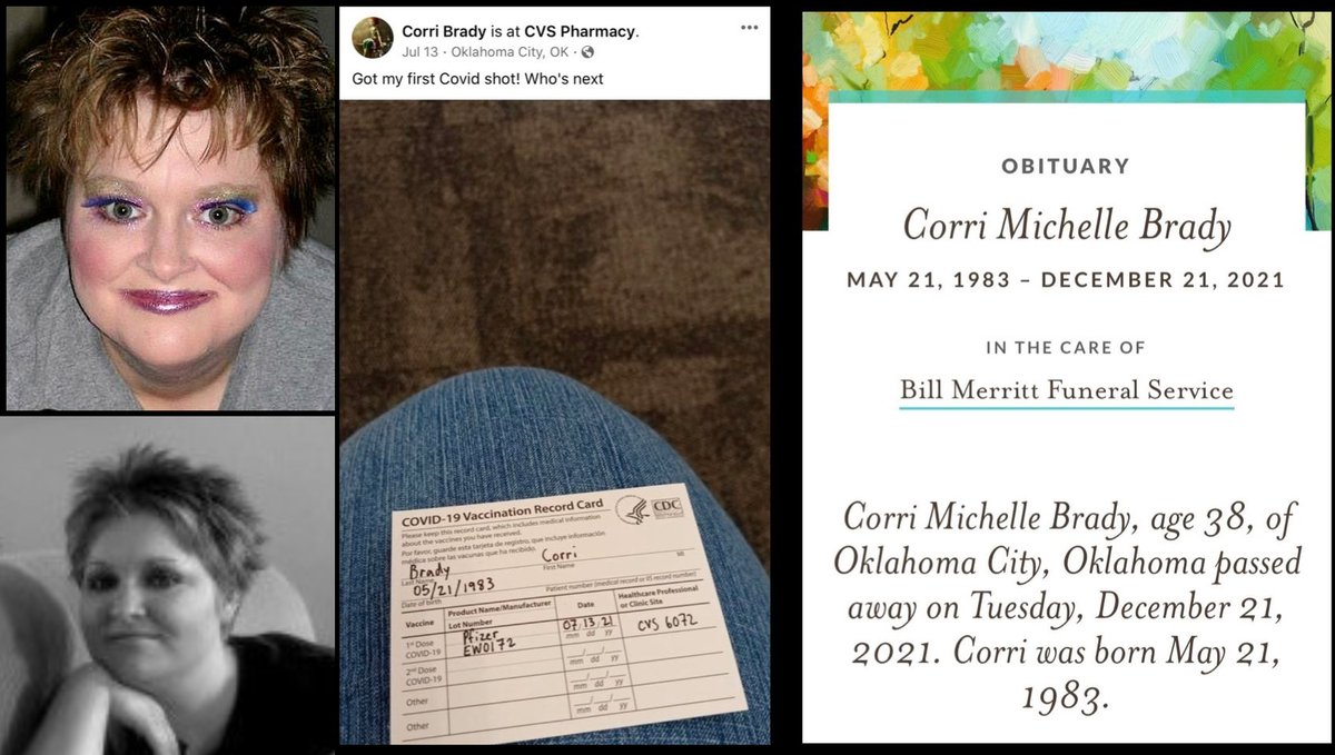 Oklahoma - 38 year old Corri Brady died suddenly on Dec.21, 2021

When Vance posts his amazing work, we can look at how bad the Pfizer batch was that killed Corri.

Pfizer EW0172 has 38 deaths, 53 disabilities & 2527 adverse events! If she only knew

#DiedSuddenly #cdnpoli #ableg