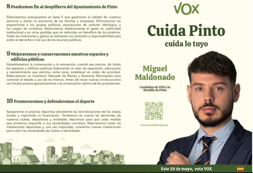 VOX_Pinto1's tweet photo. ‼️ Os presentamos las principales medidas con las que vamos a cuidar de lo nuestro, de lo tuyo, de #Pinto. 

✅ Familia, Comercio Local y tradiciones. 

✅ Eliminación del gasto superfluo y reducción impuestos. 

✅ Limpieza, seguridad y mantenimiento de  instalaciones . https://t.co/drTzGVS8aE